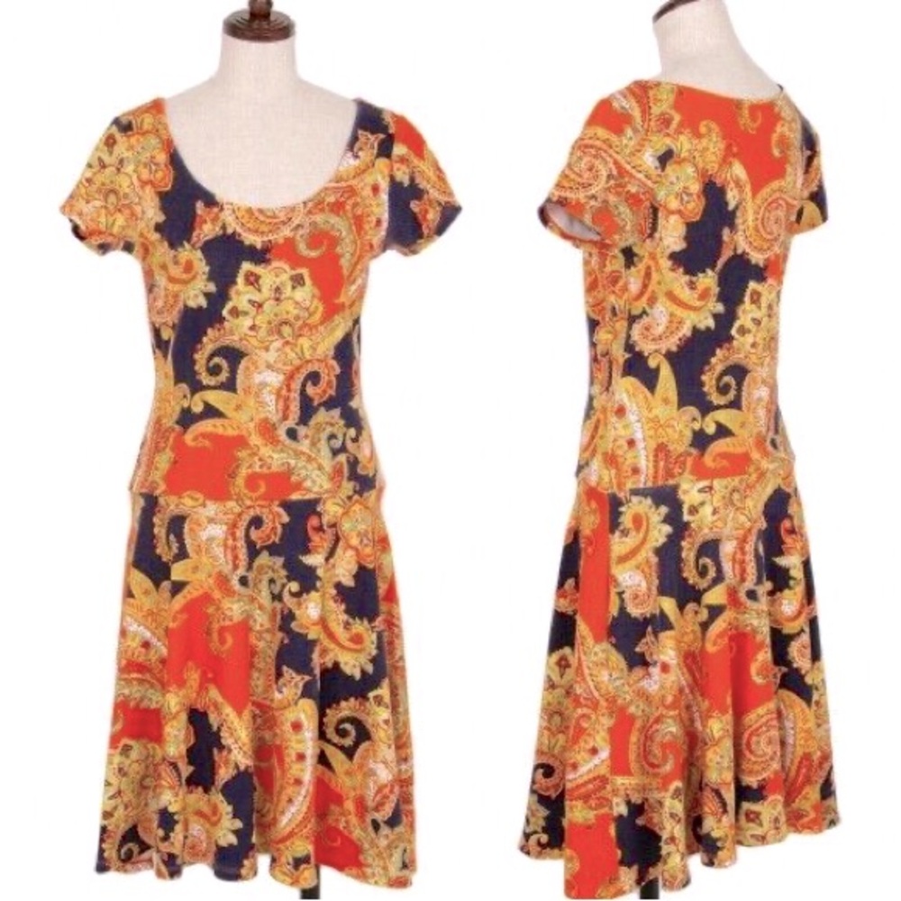 Ralph Lauren Vintage Petite Vibrant Paisley Flair Midi Dress